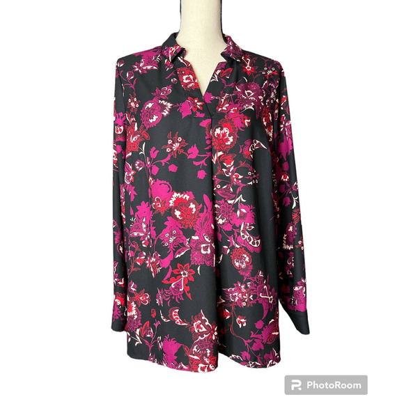 Dana Buchman Women's Tunic Blouse Size XL in Purple Red Floral Print on Black - Picture 1 of 6